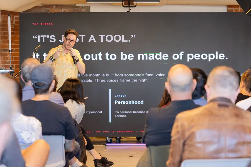 Slide discussion about personal attention, personhood, and AI tools, photo 047.
