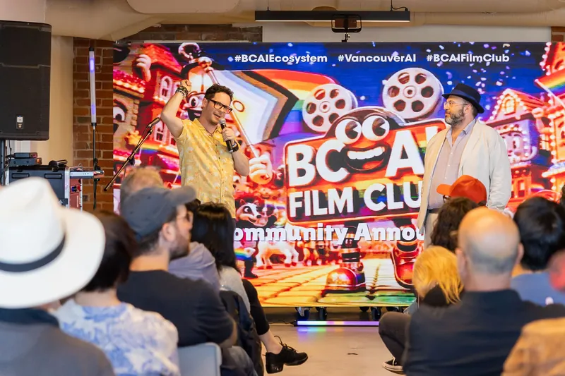 Guest speaker remarks in front of the MML and Film Club backdrop, photo 089.