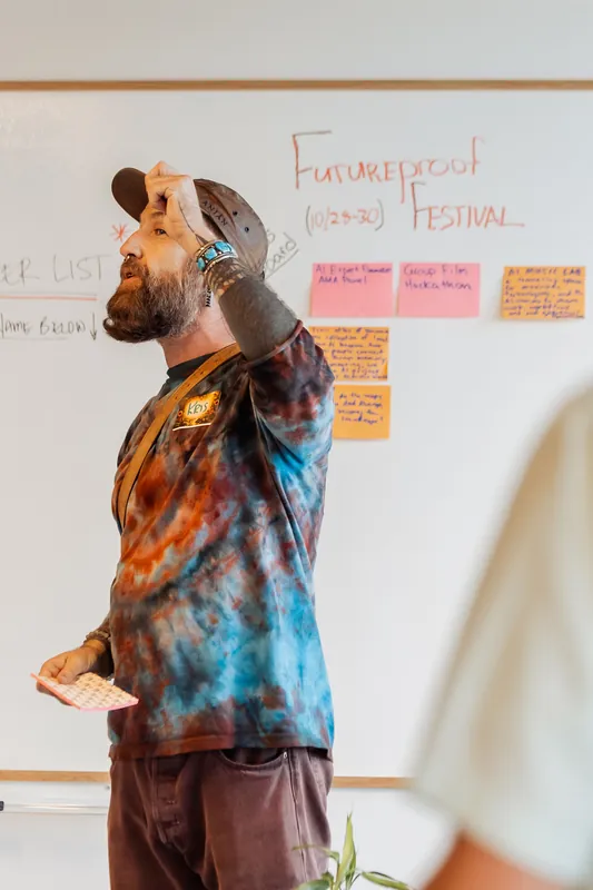 The facilitator works through ideas gathered on the workshop wall, photo 070.