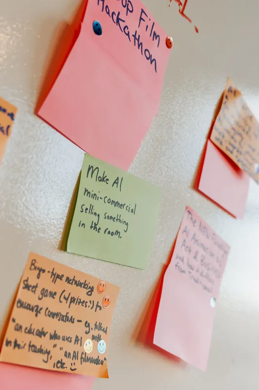 Handwritten ideas and prompts fill the collaborative wall, photo 099.