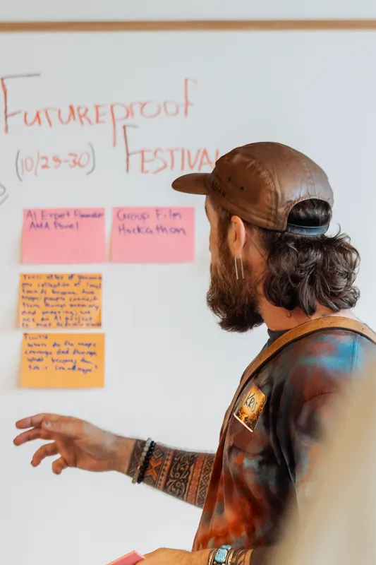 The facilitator works through ideas gathered on the workshop wall, photo 073.