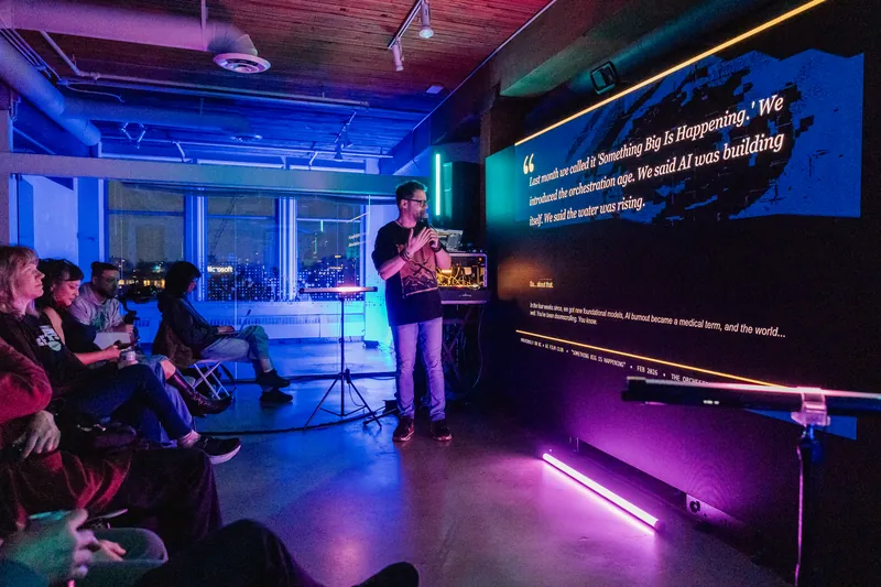 A presenter leading a slide-based AI film discussion at MML.