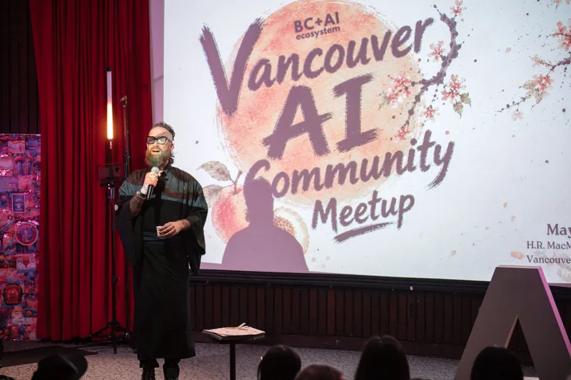 Opening performers take the stage under the Vancouver AI Community title slide — Stage-left view.