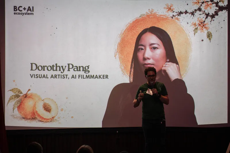 Dorothy Pang's title slide — Visual Artist, AI Filmmaker — fills the screen — Wider angle.
