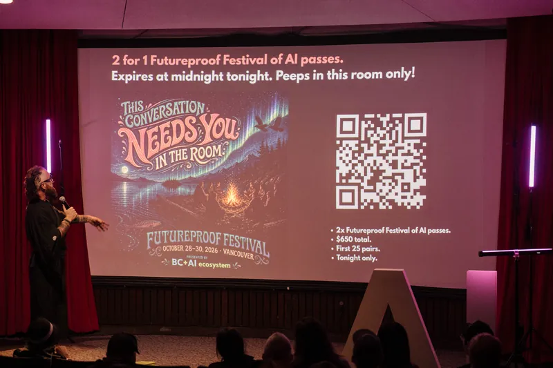 Kris points toward a Futureproof call-to-action on the big screen.