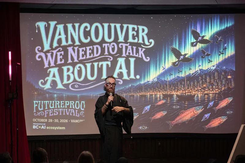 Kris walks through Futureproof messaging on a vivid illustrated slide — Wider angle.