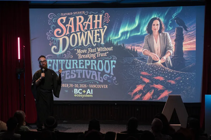 A Futureproof Festival slide introduces Sarah Downey and cultural futureproofing — Closer on the mic.