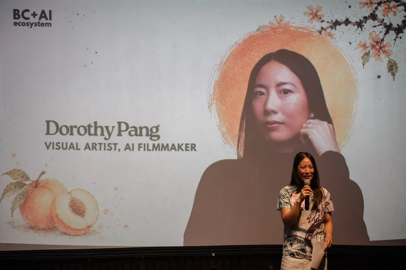 Dorothy Pang presents from the mic under her peach-illustrated intro slide — Closer on the mic.