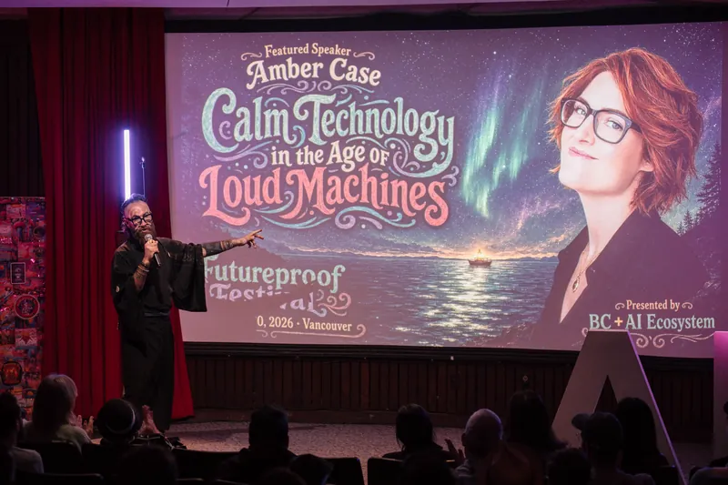 A Futureproof Festival intro slide for Amber Case: Calm Technology in the Age of Loud Machines.