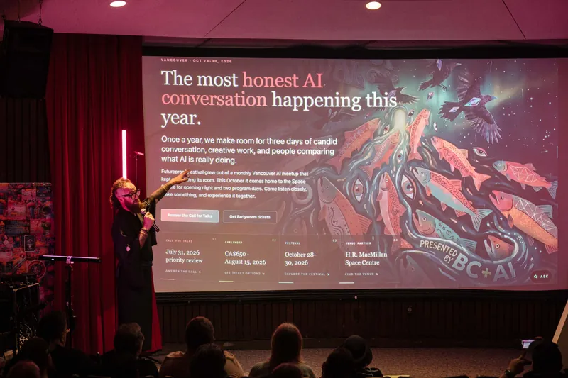 Kris walks through Futureproof messaging on a vivid illustrated slide — From the aisle.