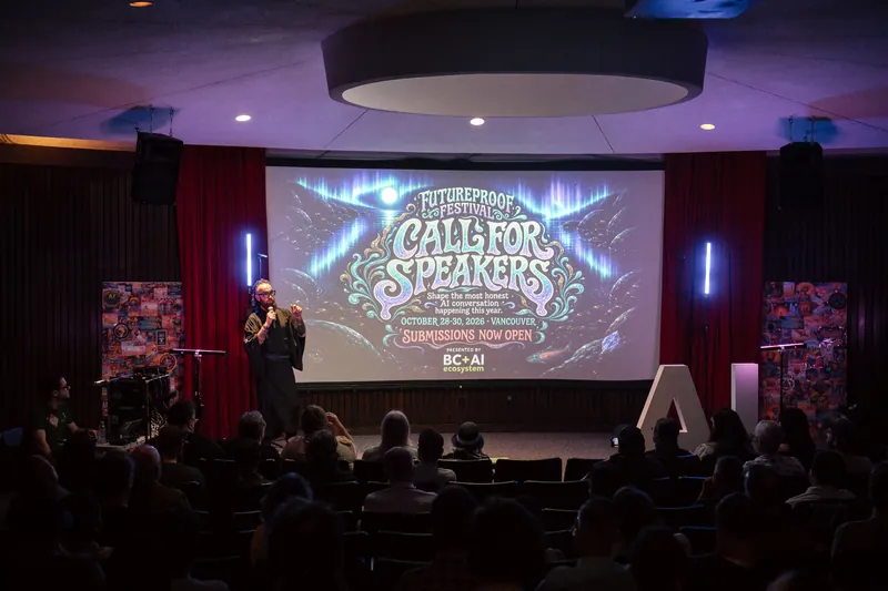 Kris walks through Futureproof messaging on a vivid illustrated slide — Closer on the mic.