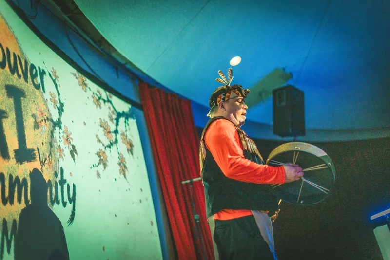 Counselor Anthony Joseph of the Squamish Nation opens the night with hand drum and song.