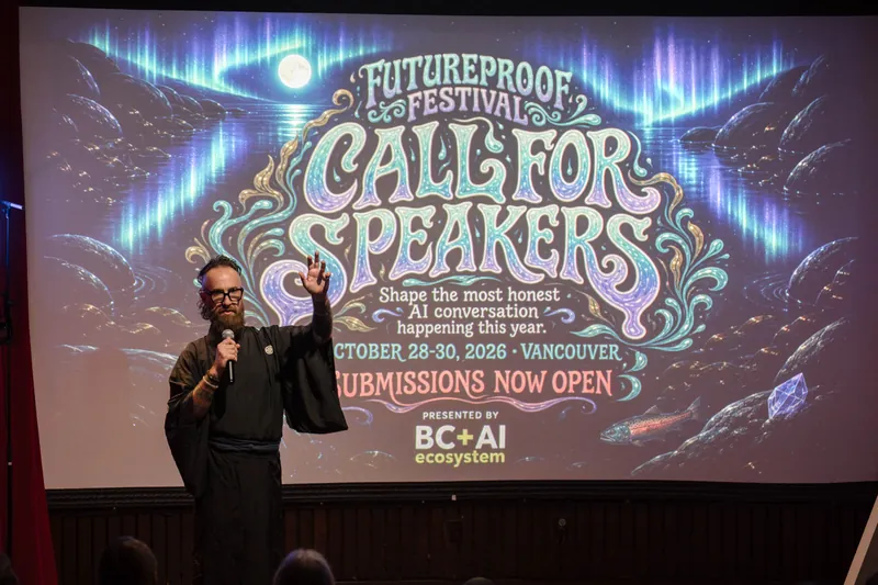 A Call for Speakers & Sponsors slide lights up the Futureproof segment — Wider angle.