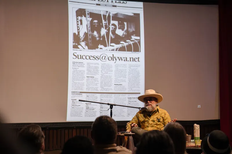 Dave Olson leans into storytelling — clippings, collages, and handwritten notes on screen — From the aisle.