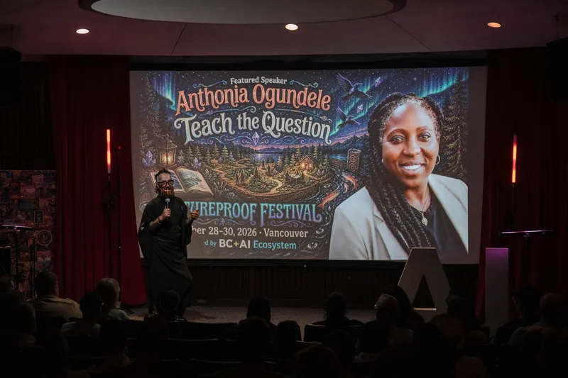 A Futureproof Festival slide introduces Sarah Downey and cultural futureproofing — Stage-left view.