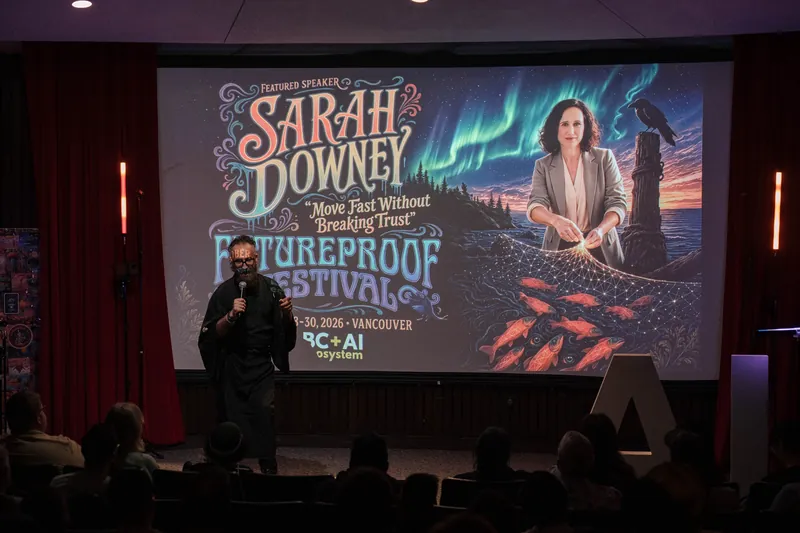 A Futureproof Festival slide introduces Sarah Downey and cultural futureproofing — Stage-right view.