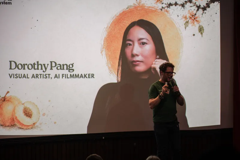 Dorothy Pang is introduced as Visual Artist, AI Filmmaker on a peach-and-blossom title slide.