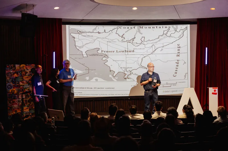 A presenter discusses a Fraser Lowlands map during a Data for Good project overview.