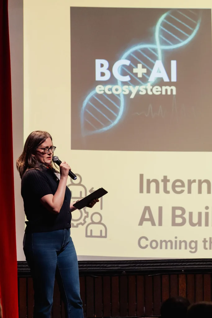 Andrea Mills presenting the Internet Archive Canada and BC + AI AI Builders Fellowship slide.