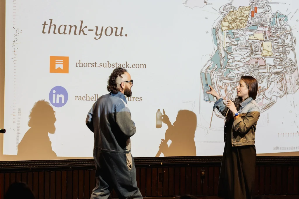 Rachel Horst and Kris Krug on stage during the Q&A after Building an Anti-Slop Machine.