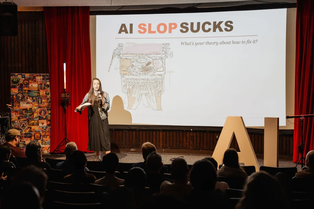 Dr. Rachel Horst presenting an AI slop sucks slide during her anti-slop machine keynote.