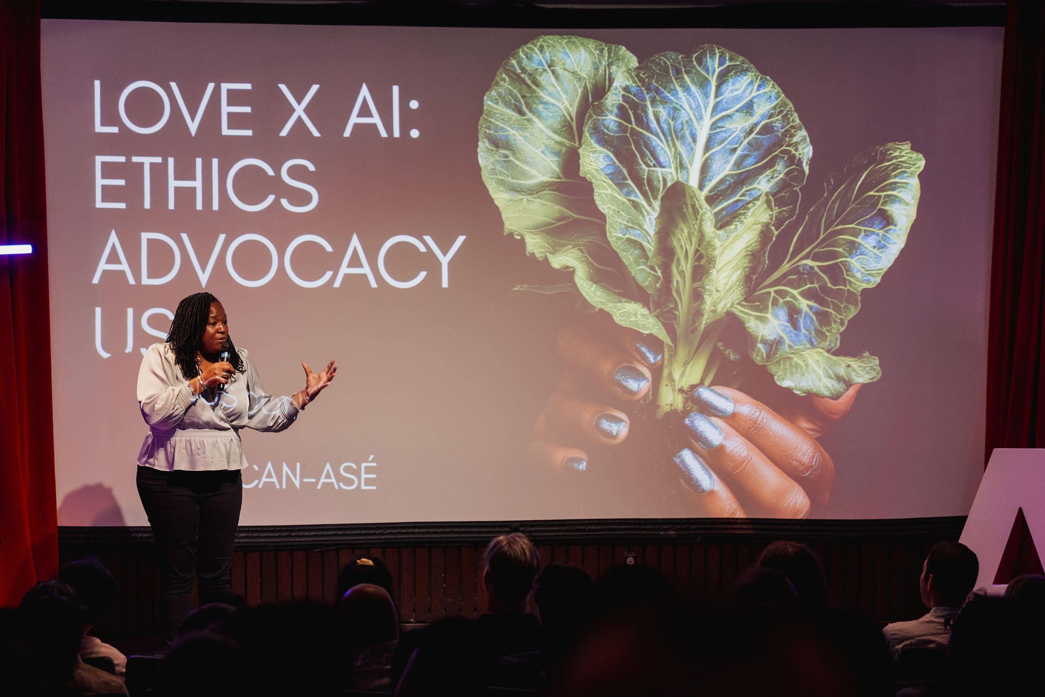 Speaker slide from a Vancouver AI talk on love, grief, storytelling, and AI.